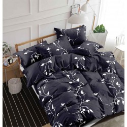 Lenjerie pat dublu, 4 piese, Bumbac Satinat Superior, Bleumarin-Alb, frunze, OLBS-029