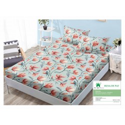 Cearsaf cu elastic, Bumbac FINET, 90x200cm, plus 2 fete de perne, Verde-Multicolor, flori, HDF-111