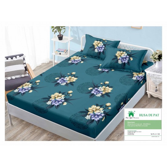 Cearsaf cu elastic, Bumbac FINET, 90x200cm, plus 2 fete de perne, Verde-Multicolor, flori, HDF-114 Huse Finet 90x200cm