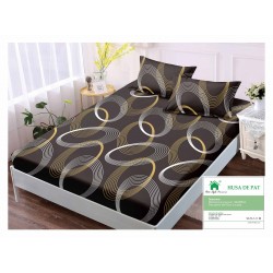 Cearsaf cu elastic, Bumbac FINET, 90x200cm, plus 2 fete de perne, Maro, cercuri, HDF-115