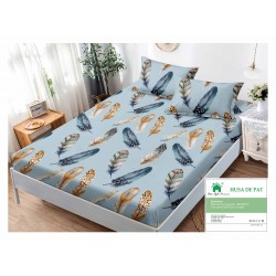 Cearsaf cu elastic, Bumbac FINET, 90x200cm, plus 2 fete de perne, Blue-Multicolor, pene, HDF-117