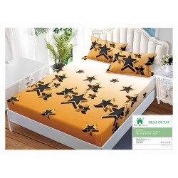 Cearsaf cu elastic, Bumbac FINET, 90x200cm, plus 2 fete de perne, Galben-Negru, stele, HDF-176
