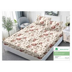 Cearsaf cu elastic, Bumbac FINET, 90x200cm, plus 2 fete de perne, Crem, flori, HDF-178