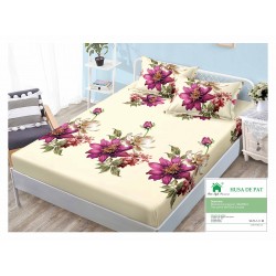 Cearsaf cu elastic, Bumbac FINET, 90x200cm, plus 2 fete de perne, Crem-Multicolor, flori, HDF-179