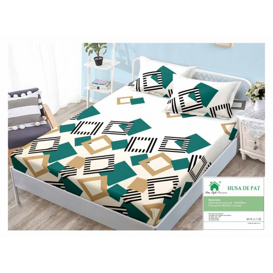 Cearsaf cu elastic, Bumbac FINET, 90x200cm, plus 2 fete de perne, Alb-Multicolor, patrate, HDF-180 Huse Finet 90x200cm
