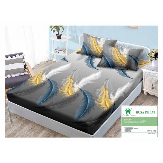 Cearsaf cu elastic, Bumbac FINET, 90x200cm, plus 2 fete de perne, Gri-Multicolor, pene, HDF-181 Huse Finet 90x200cm