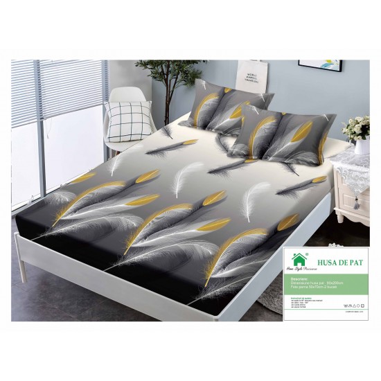 Cearsaf cu elastic, Bumbac FINET, 90x200cm, plus 2 fete de perne, Gri, pene, HDF-182 Huse Finet 90x200cm