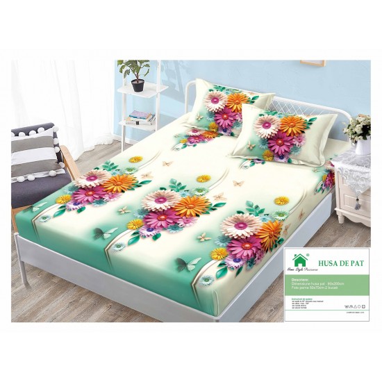 Cearsaf cu elastic, Bumbac FINET, 90x200cm, plus 2 fete de perne, Crem-Multicolor, flori, HDF-183 Huse Finet 90x200cm