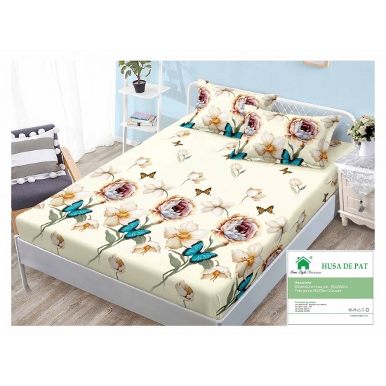 Cearsaf cu elastic, Bumbac FINET, 90x200cm, plus 2 fete de perne, Crem-Multicolor, flori, fluturi, HDF-184 Huse Finet 90x200cm