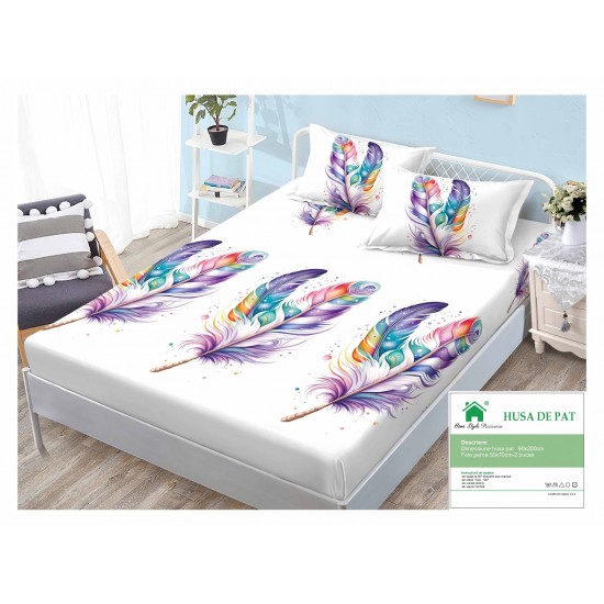 Cearsaf cu elastic, Bumbac FINET, 90x200cm, plus 2 fete de perne, Alb-Multicolor, pene, HDF-185 Huse Finet 90x200cm