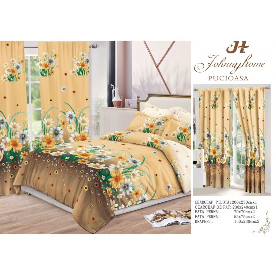 Lenjerie pat dublu, BUMBAC FINET, 6 piese, plus 2 DRAPERII, Crem-Multicolor, flori, LFG-011 Lenjerii finet plus draperii