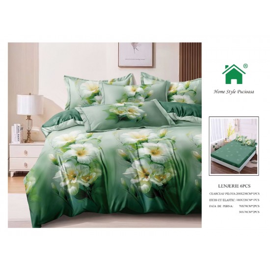 Set Lenjerie de pat din Finet Gros, Cearceaf cu ELASTIC, 6 Piese, Pat 2 Persoane, Verde-Alb, flori, LDE-067 Lenjerii Finet 6 piese cu ELASTIC