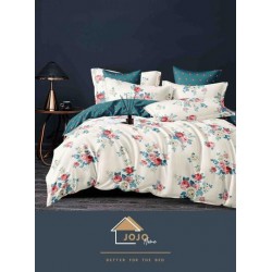 Set Lenjerie de pat din Finet Gros, Cearceaf cu ELASTIC, 6 Piese, Pat 2 Persoane, Alb-Verde, flori, LDE-003