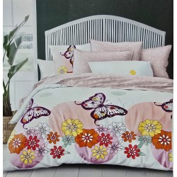 Lenjerie pat dublu, 4 piese, Bumbac Satinat Superior,Alb-Multicolor, flori, fluturi, LDBS-213