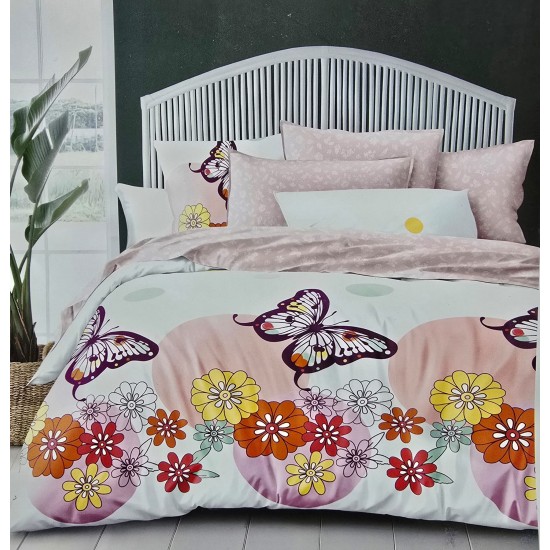 Lenjerie pat dublu, 4 piese, Bumbac Satinat Superior,Alb-Multicolor, flori, fluturi, LDBS-213 3 lenjerii la 199 lei