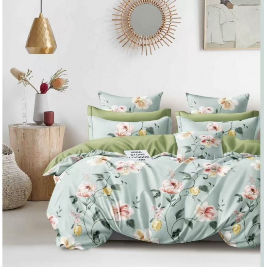 Lenjerie pat dublu, 4 piese, Bumbac Satinat Superior, Verde-Multicolor, flori, LDBS-005 3 lenjerii la 199 lei