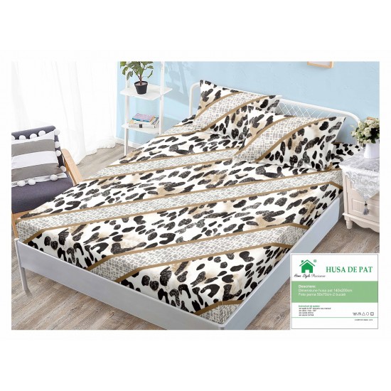 Husa pat cu elastic, Bumbac FINET, 140x200cm, 2 fete de perne 50x70cm, Crem-Negru, animal print, HDF-012 Huse Finet 140x200cm
