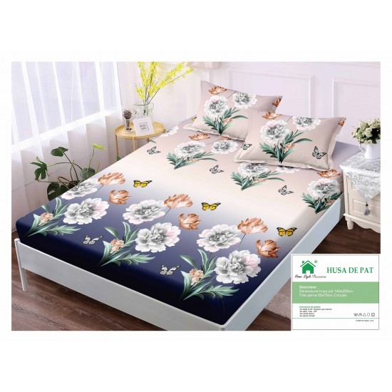 Husa pat cu elastic, Bumbac FINET, 140x200cm, 2 fete de perne 50x70cm, Crem-Multicolor, flori, HDF-004 Huse Finet 140x200cm
