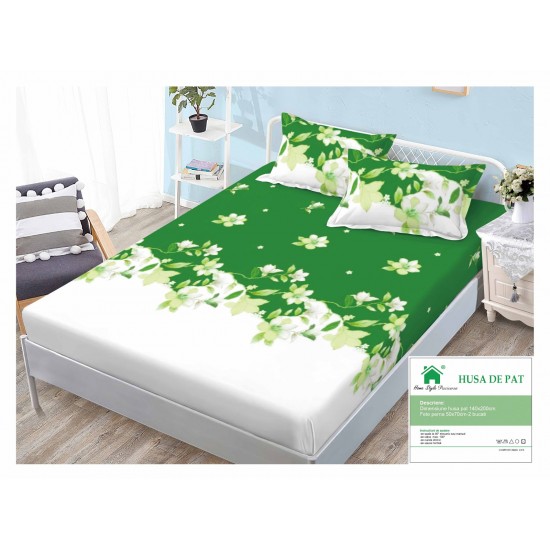 Husa pat cu elastic, Bumbac FINET, 140x200cm, 2 fete de perne 50x70cm, Verde-Alb, flori, HDF-165 Huse Finet 140x200cm