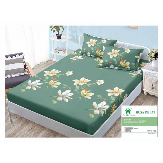 Husa pat cu elastic, Bumbac FINET, 140x200cm, 2 fete de perne 50x70cm, Verde-Alb, flori, HDF-166 Huse Finet 140x200cm