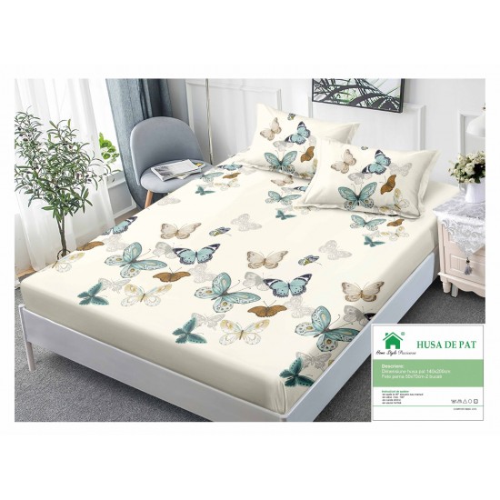 Husa pat cu elastic, Bumbac FINET, 140x200cm, 2 fete de perne 50x70cm, Crem-Multicolor, fluturi, HDF-167 Huse Finet 140x200cm
