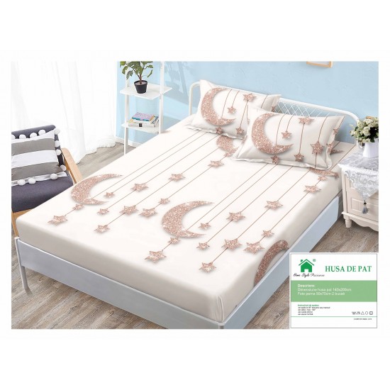 Husa pat cu elastic, Bumbac FINET, 140x200cm, 2 fete de perne 50x70cm, Alb-Roz, stele, HDF-186 Huse Finet 140x200cm