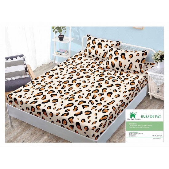 Husa pat cu elastic, Bumbac FINET, 140x200cm, 2 fete de perne 50x70cm, Crem-Maro, animal print, HDF-188 Huse Finet 140x200cm