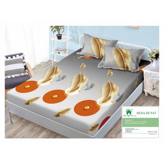 Husa pat cu elastic, Bumbac FINET, 140x200cm, 2 fete de perne 50x70cm, Gri-Multicolor, pene, HDF-190 Huse Finet 140x200cm