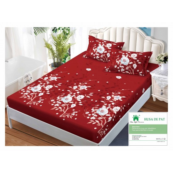 Husa pat cu elastic, Bumbac FINET, 140x200cm, 2 fete de perne 50x70cm, Rosu-Alb, flori, HDF-193 Huse Finet 140x200cm