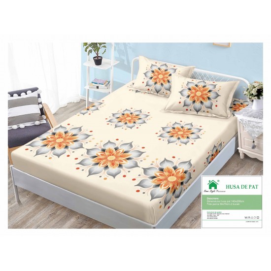 Husa pat cu elastic, Bumbac FINET, 140x200cm, 2 fete de perne 50x70cm, Crem-Multicolor, flori, HDF-194 Huse Finet 140x200cm
