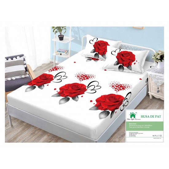Husa pat cu elastic, Bumbac FINET, 140x200cm, 2 fete de perne 50x70cm, Alb-Rosu, flori, HDF-195 Huse Finet 140x200cm