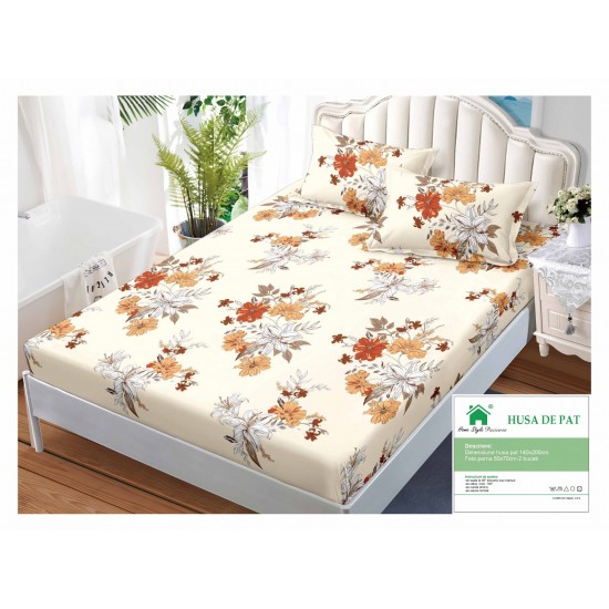 Husa pat cu elastic, Bumbac FINET, 140x200cm, 2 fete de perne 50x70cm, Crem-Multicolor, flori, HDF-196 Huse Finet 140x200cm