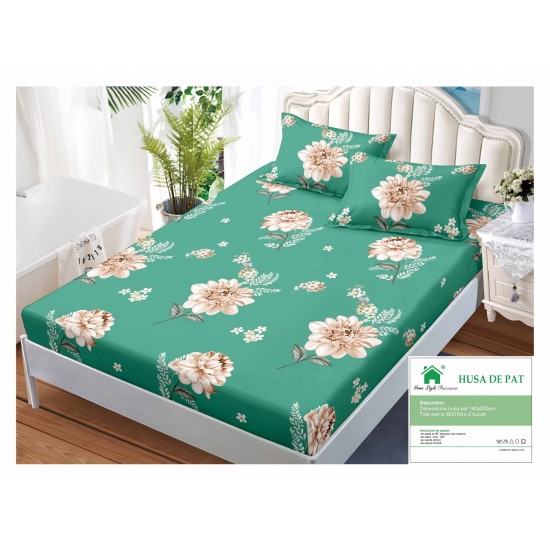 Husa pat cu elastic, Bumbac FINET, 140x200cm, 2 fete de perne 50x70cm, Verde-Multicolor, flori, HDF-197 Huse Finet 140x200cm
