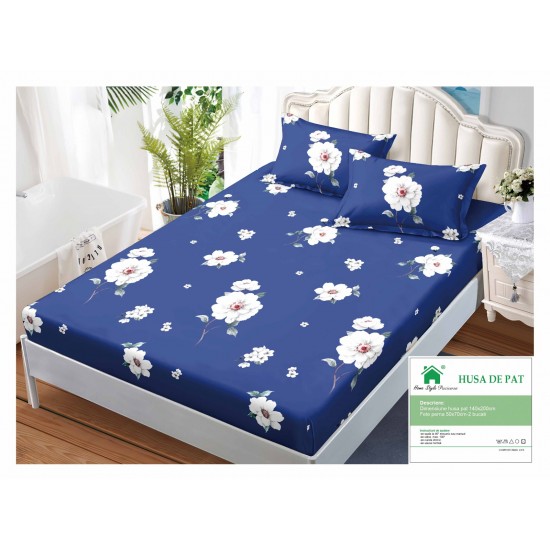 Husa pat cu elastic, Bumbac FINET, 140x200cm, 2 fete de perne 50x70cm, Albastru-Alb, flori, HDF-198 Huse Finet 140x200cm