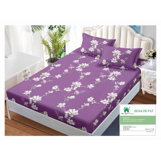Husa pat cu elastic, Bumbac FINET, 140x200cm, 2 fete de perne 50x70cm, Mov-Alb, flori, HDF-200 Huse Finet 140x200cm
