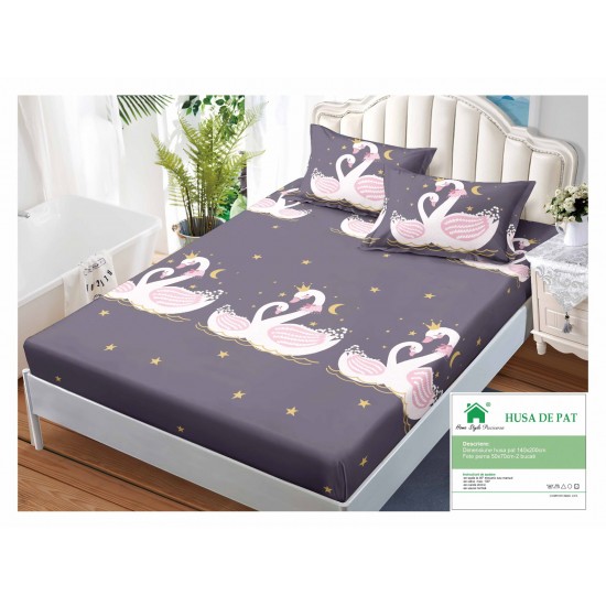 Husa pat cu elastic, Bumbac FINET, 140x200cm, 2 fete de perne 50x70cm, Gri-Alb, pasari, HDF-201 Huse Finet 140x200cm