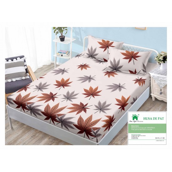 Husa pat cu elastic, Bumbac FINET, 140x200cm, 2 fete de perne 50x70cm, Crem-Maro, frunze, HDF-206 Huse Finet 140x200cm