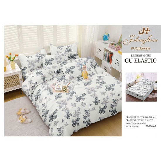 Lenjerie pat dublu, Bumbac Satinat Superior, 4 piese, cu ELASTIC, Alb-Negru, fluturi, LDBSE-025 Oferta Trio 229