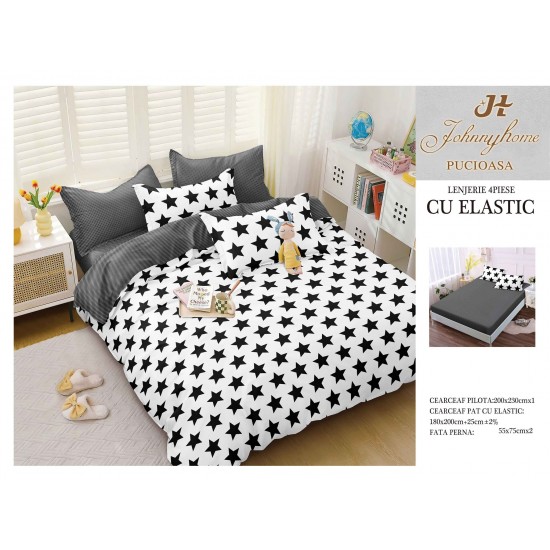 Lenjerie pat dublu, Bumbac Satinat Superior, 4 piese, cu ELASTIC, Alb-Negru, stele, LDBSE-001 Oferta Trio 229