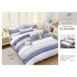 Lenjerie pat dublu, Bumbac Satinat Superior, 4 piese, cu ELASTIC, Alb-Blue, linii, LDBSE-047