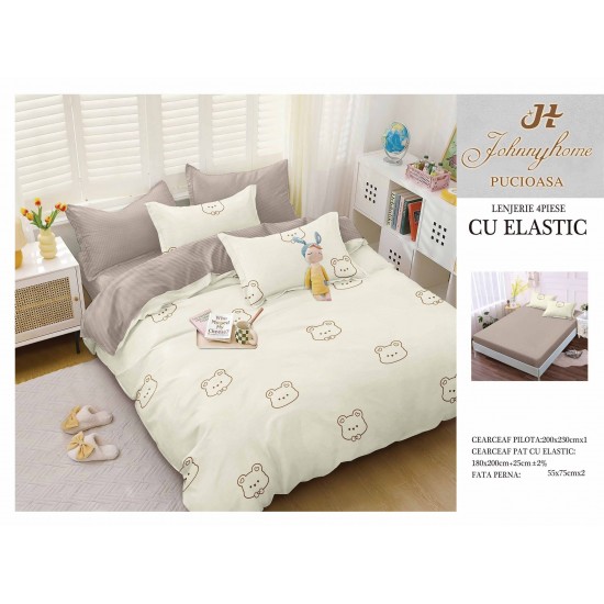 Lenjerie pat dublu, Bumbac Satinat Superior, 4 piese, cu ELASTIC, Crem-Bej, ursuleti, LDBSE-043 Oferta Trio 229