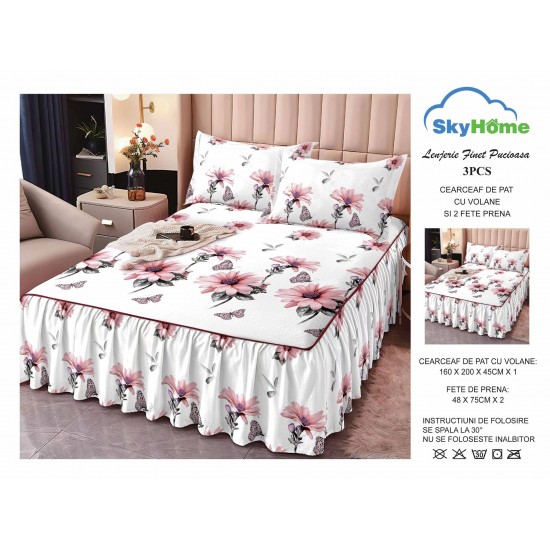 Cearsaf cu volanase, Bumbac FINET, plus  2 fete de perne 50x70cm,  Alb-Multicolor, flori, LDBS-203 3 lenjerii la 199 lei