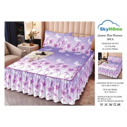 Cearsaf cu volanase, Bumbac FINET, plus  2 fete de perne 50x70cm, Mov-Roz, flori, LDBS-202
