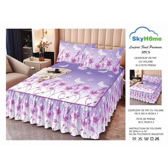 Cearsaf cu volanase, Bumbac FINET, plus  2 fete de perne 50x70cm, Mov-Roz, flori, LDBS-202 3 lenjerii la 199 lei