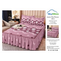 Cearsaf cu volanase, Bumbac FINET, plus  2 fete de perne 50x70cm, Alb-Roz, flori, LDBS-205
