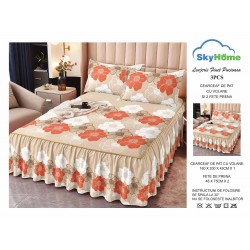 Cearsaf cu volanase, Bumbac FINET, plus  2 fete de perne 50x70cm, Alb-Crem, flori, LDBS-195