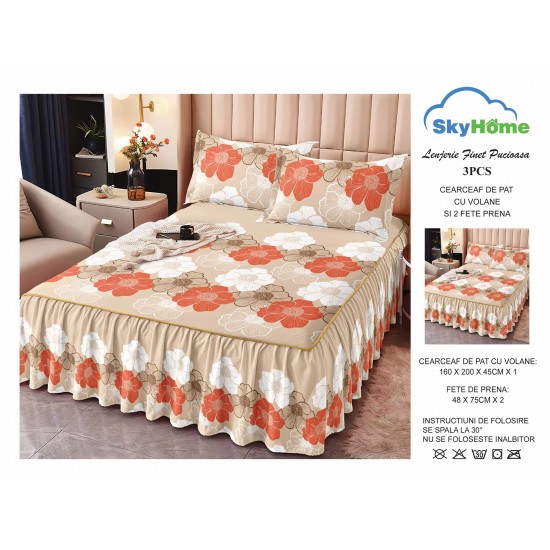 Cearsaf cu volanase, Bumbac FINET, plus  2 fete de perne 50x70cm, Alb-Crem, flori, LDBS-195 3 lenjerii la 199 lei