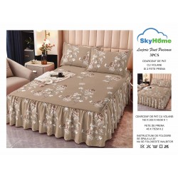 Cearsaf cu volanase, Bumbac FINET, plus  2 fete de perne 50x70cm, Maro-Alb, flori, LDBS-191