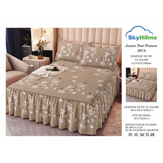 Cearsaf cu volanase, Bumbac FINET, plus  2 fete de perne 50x70cm, Maro-Alb, flori, LDBS-191 3 lenjerii la 199 lei