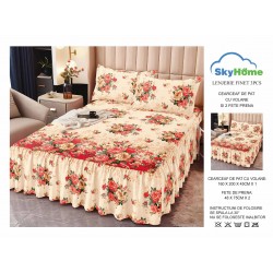 Cearsaf cu volanase, Bumbac FINET, plus  2 fete de perne 50x70cm, Crem-Multicolor, flori, LDBS-201